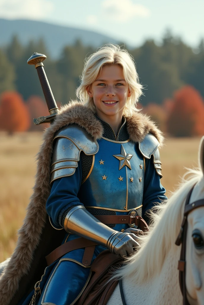 Please generate a beautiful 15 year old boy with blonde hair, blue eyes and a beautiful smile and shoulder length white hair. He is medium height, lean and wears blue and silver armor with stars on it. He has a sword on his back and a fur coat on, and he rides on a beautiful white horse towards across a grass field. Weather is sunny and there is a red forest in the background. Captured as a cinematic film still, shot on a V-Raptor XL, the scene is enhanced with bright sharpness and post-processing. The cinematic lighting and 35mm film quality create an atmospheric, epic, and stunning masterpiece, full of dramatic flair.