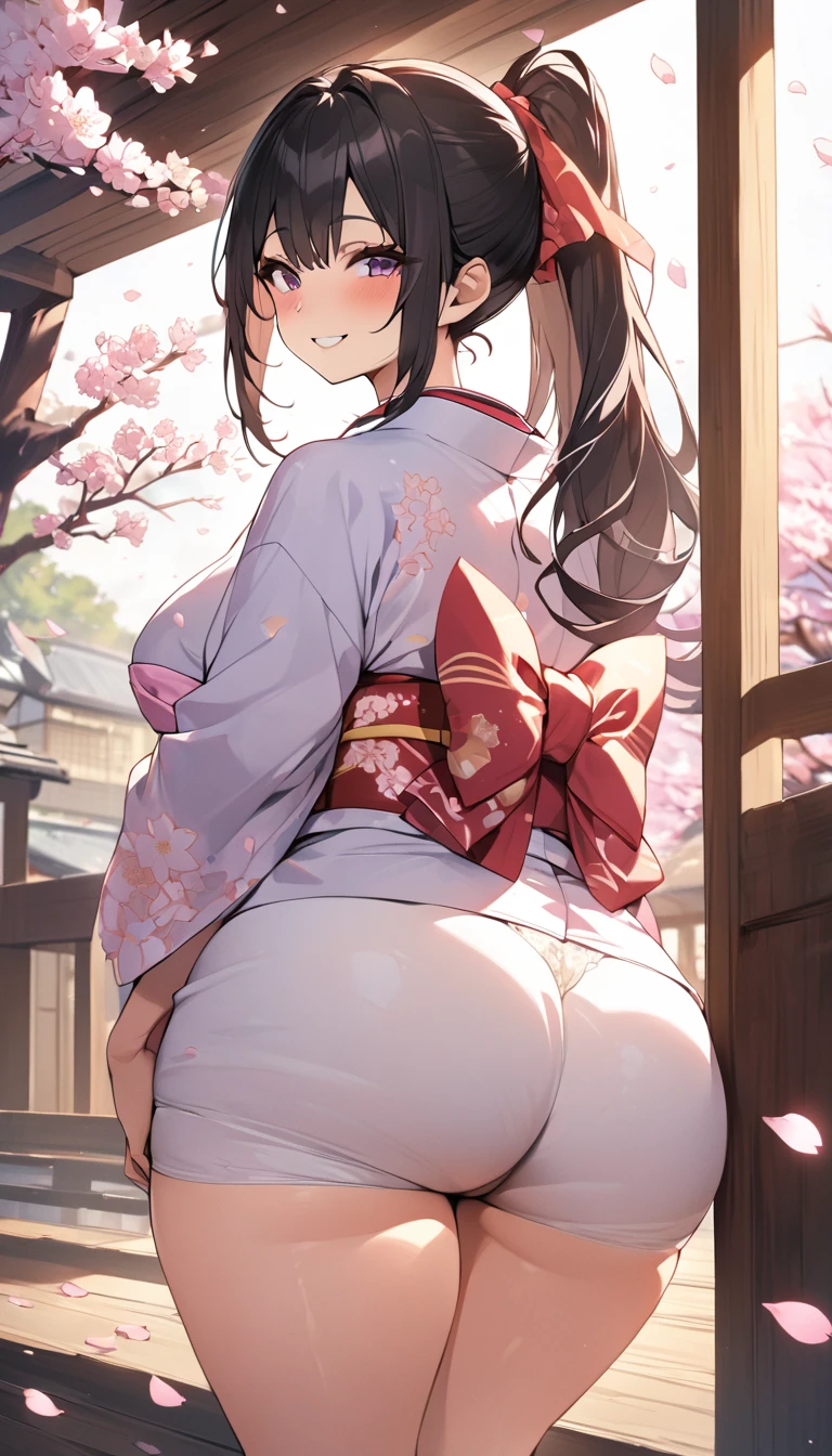 One Woman、beautiful girl、after school、evening、kimono、kimono、ponytail、Straw sandals、School、Back of the school building、spring、Cherry tree々、Cherry blossom petals fluttering、Long Hair、Highest quality、Ultra HD、Thick thighs、Big Ass、Black Hair、smile、Cotton Japanese-style panties、Big Ass