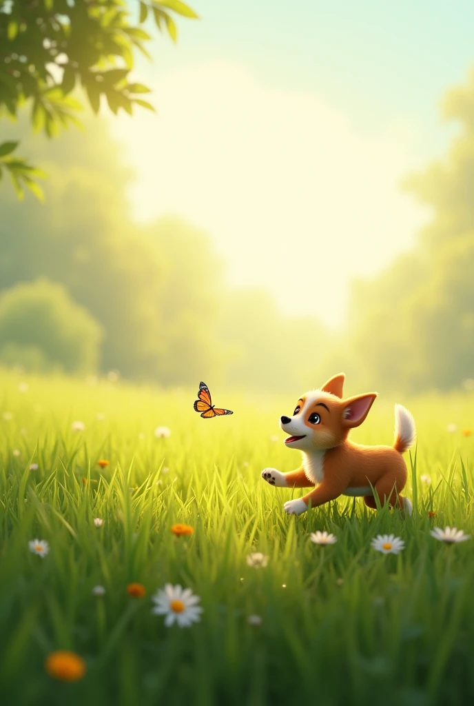 Realistic photos of A wide-open field bathed in soft sunlight, with tall grasses swaying gently in the breeze. A small dog, Benny, is chasing a butterfly near the edge of the field, full of energy and excitement.