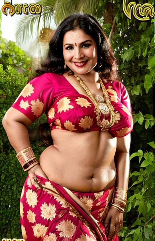  milf woman jaya,blouse in garden, posing her hot milf figure to camera , fleshy figure,cougar lady , extremely gorgeous, heavy physique, voluptuous, curvy, sexy figure, glowing eyes,happy charming face,