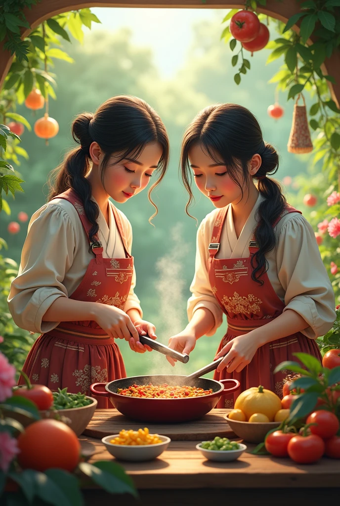 ultra realistic, realistic, 4k, textured skin, garden, sisters, cooking