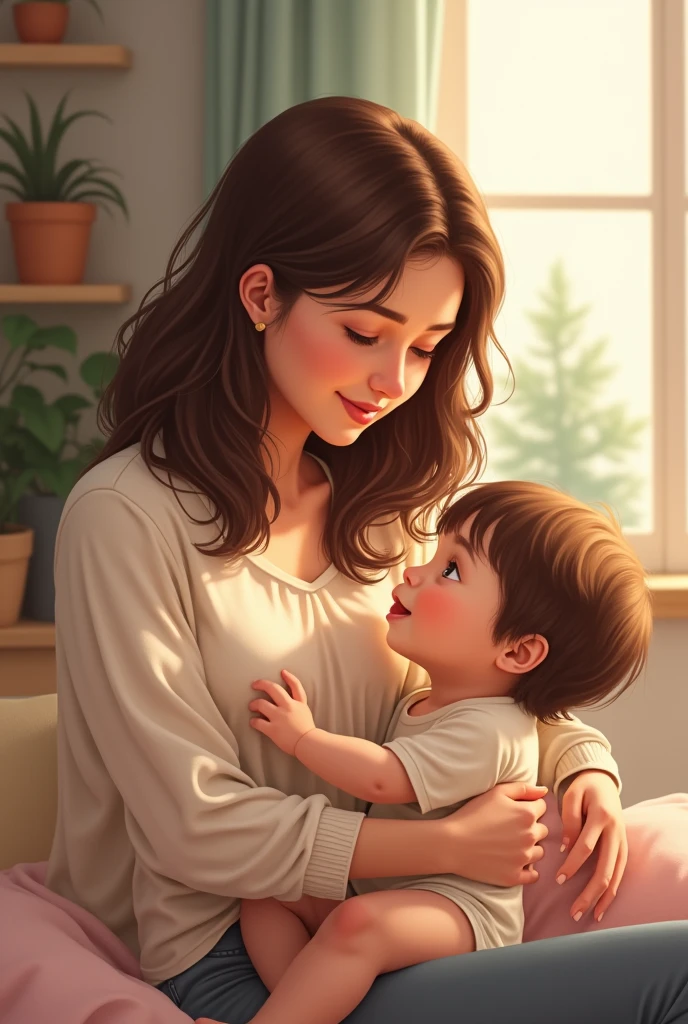 White woman, medium brown wavy hair
Caring for a child at home
