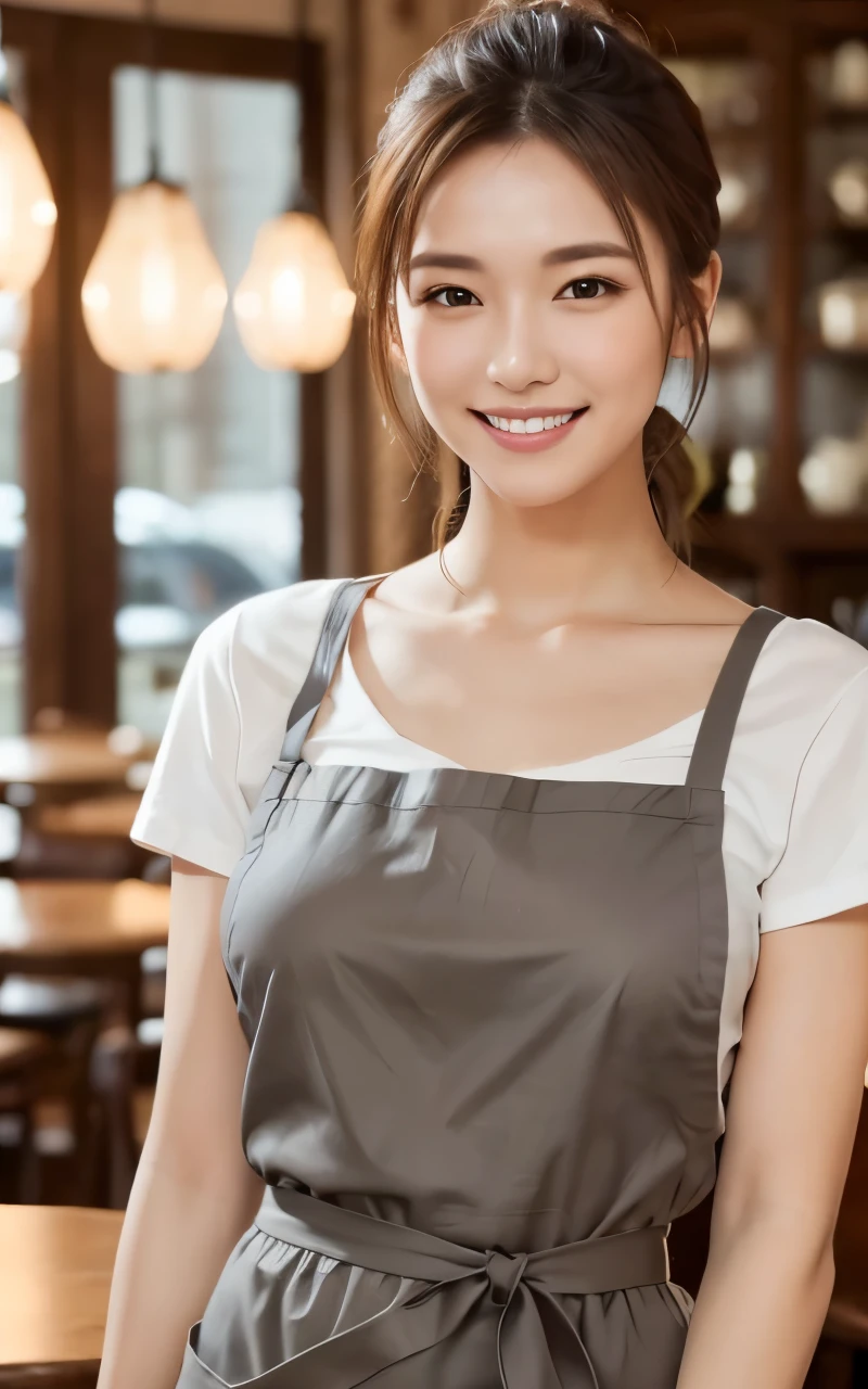 (Best Quality, Tabletop, 8K, Best Quality, Award-Winning Work), Woman Working in a Cafe, Full Body Photo, (Width, She Stands in an Elegant and Simple Cafe: 1.3), (Perfect Brown Apron: 1.1), (Perfect gray apron: 1.3), (classy shirt and apron: 1.1), (big breasts: 1.1), (highlights the body line: 1.1), portrait of a beautiful woman, the most elegant and cozy cafe, (ponytail), The most natural cafe, perfectly organized, the most atmospheric warm lighting, stylish and elegant cafe, strongly blurred background, look at me and smile, (accurate anatomy: 1.2), Ultra HD perfect Beautiful Teeth, Ultra HD Beautiful Face, Ultra HD Hair, Ultra HD Shining Eyes, Shining, Ultra Luxury Beautiful Skin, Ultra Luxury Glossy Lips, Attractive Thick Lips