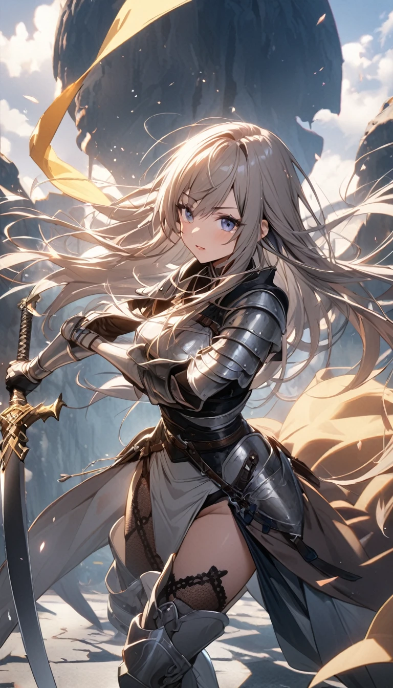 Ultra-high definition image quality、beautiful girl、Woman warrior、Female Swordsman、Light Armor、Silver boots、Long Hair、Knight&#39;s Hair Ornament、Black Hair、20-year-old、Be confident々face、Very short tight skirt、Sexy posture、wilderness、Highest quality,Big Ass、Big Breasts、Thighs、Grab the spear、Gorgeous embroidered lace panties、Joan of Arc style clothing、Wind King Barrier、Her hair is fluttering in the wind、The Sword of Promised Victory、god々Wearing a bright aura、Big Ass、Valkyrie the War Maiden、Crotch close-up、Angle from directly below、Squat with your legs apart