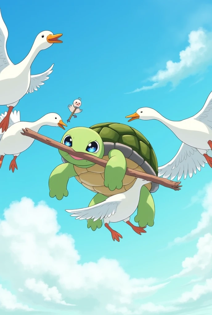 Turtle flying with the geese, sky, turtle, geese, The turtle is sucking on a stick.geese are flying with it on their feet, stick, flying, anime, like anime, pretty, illustration, A bird is grasping a stick with its feet as it flies, He is pulling the stick of a tortoise with a stick in its mouth.