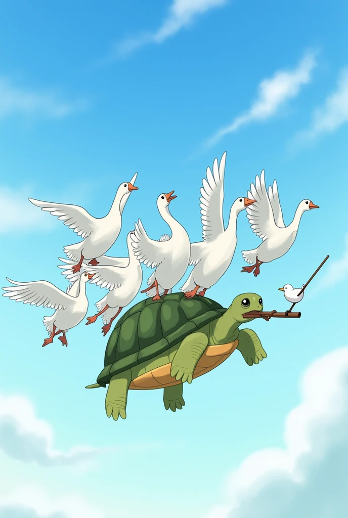 Turtle flying with the geese, sky, turtle, geese, The turtle is sucking on a stick.geese are flying with it on their feet, stick, flying, anime, like anime, pretty, illustration, A bird is grasping a stick with its feet as it flies, He is pulling the stick of a tortoise with a stick in its mouth.