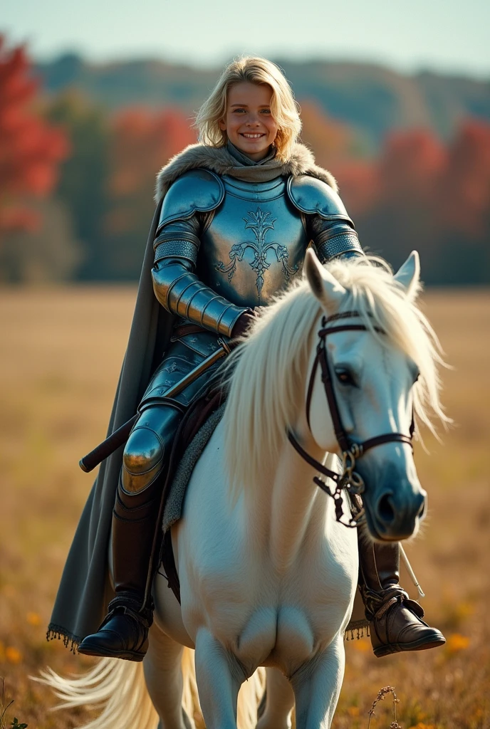 Please generate a beautiful  boy with blonde hair, blue eyes and a beautiful smile and shoulder length white hair. He is medium height, lean and wears blue and silver armor with stars on it. He has a sword on his back and a fur coat on, and he rides on a beautiful white horse towards across a grass field. Weather is sunny and there is a red forest in the background. Captured as a cinematic film still, shot on a V-Raptor XL, the scene is enhanced with bright sharpness and post-processing. The cinematic lighting and 35mm film quality create an atmospheric, epic, and stunning masterpiece, full of dramatic flair.