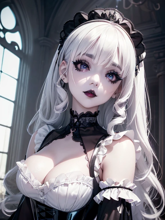 (1 girl 1.3) (extremely detailed 1.3) (anatomically correct, High precision, realistic skin, realistic Fingers, ) (RAW photo, Super detailed, advanced details, intricate details,), (Lighting: Face lighting, Ray tracing, reflective light, Structurally correct) ((Gothic house, candlelight 1.3)) (Subject: beautiful Asian woman with White hair in curls and coils) (wearing a Powder Blue Gothic ta dress, White corset, white, neck wrists and fingers, ((beautiful big eyes looking up at the viewer, black shiny lipstick, perfect Asian goth cyber makeup)) Devilish Smile