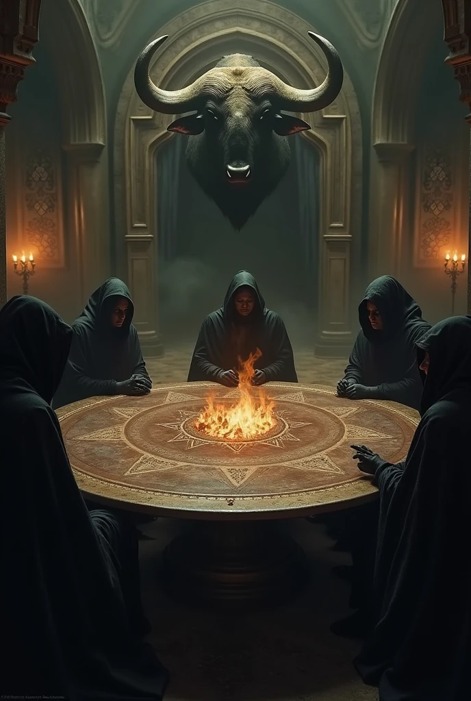 Close-up shot, Low angle shot, a candlelit room where five asian man sitting, their faces serious and determined, wearing  culthu robe with hood, the table covered with maps, books, and a glowing mysterious symbol. in the background representing the beast influence. The contrast between the calculated plotting and creates a sense of tension and mystery, leaving the viewer questioning the true nature of the Illuminati.) unreal engine, cinematic, hyper-real, highly detailed, Ultra realistic HD --q 2 --v 6.1 --ar 9:16  