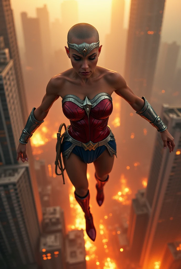 A beautiful woman with her head completely shaved or shaved wearing the costume of the Amazon warrior Wonder Woman (((Red and blue leather jumpsuit)))Silver colored diaema with a star on her forehead silver colored bracelets red leather boots long to her knees flying over an apocalyptic city skyscrapers on fire