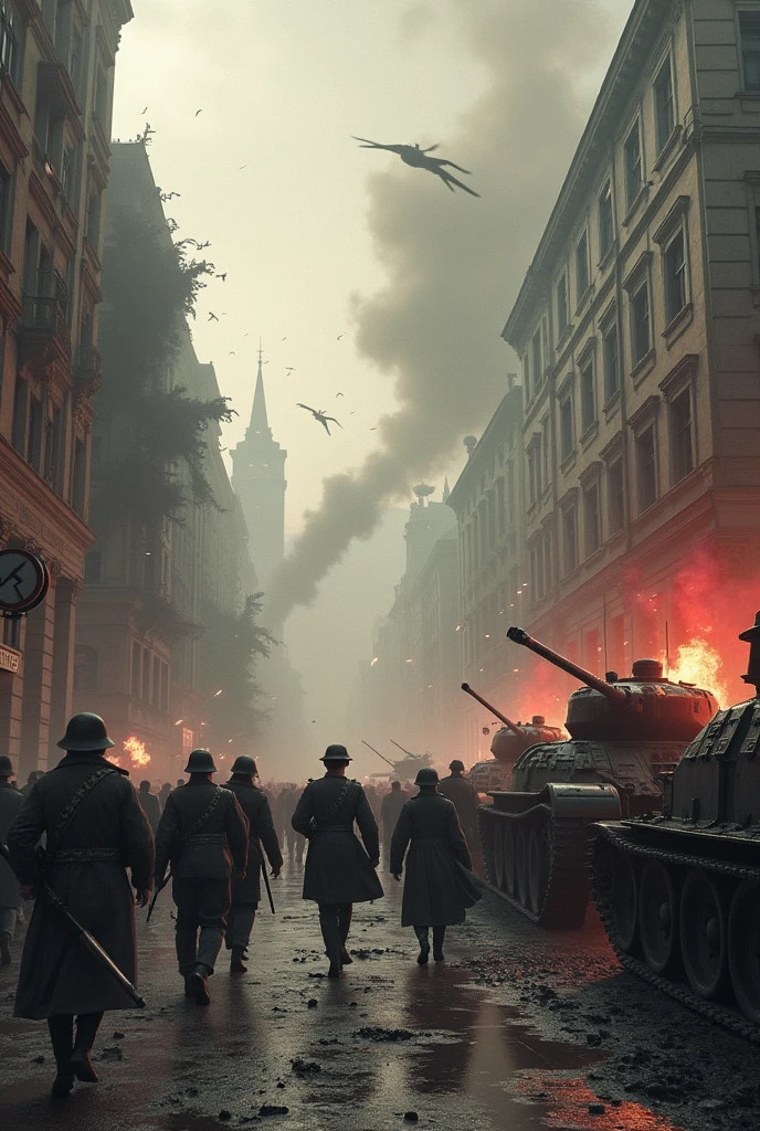 Show the invasion of Poland with Nazi tanks and troops storming the streets of a Polish city. Buildings are being destroyed, people fleeing in panic. The image should be detailed, showing the terror and destruction of the invasion.