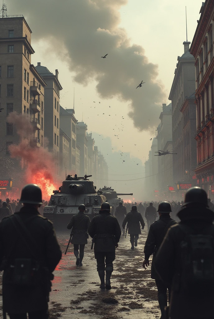 Show the invasion of Poland with Nazi tanks and troops storming the streets of a Polish city. Buildings are being destroyed, people fleeing in panic. The image should be detailed, showing the terror and destruction of the invasion.