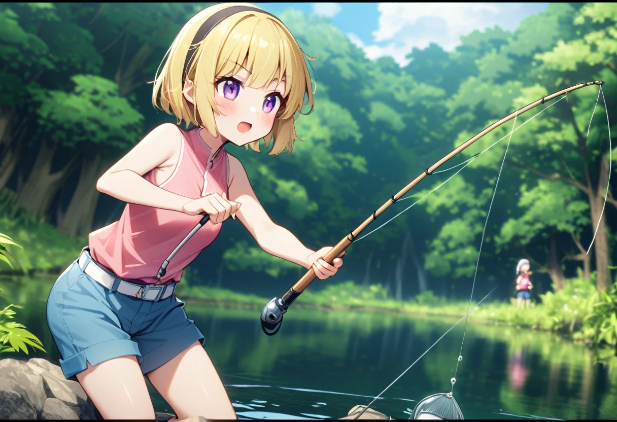 ((fishing)), fishing竿, houjou_Satoko, 1girl, shorts, Yellow Hair, blonde hair, 独奏, hairband, shirt, sleeveless, blue shorts, short hair, belt, pink shirt, purple eyes, sleeveless shirt, black hairband, bangs, bare shoulders, White Belt, small breasts, 川の流れの中でfishingをする人, Lush forest background, fishingのリズムに集中する表情, 