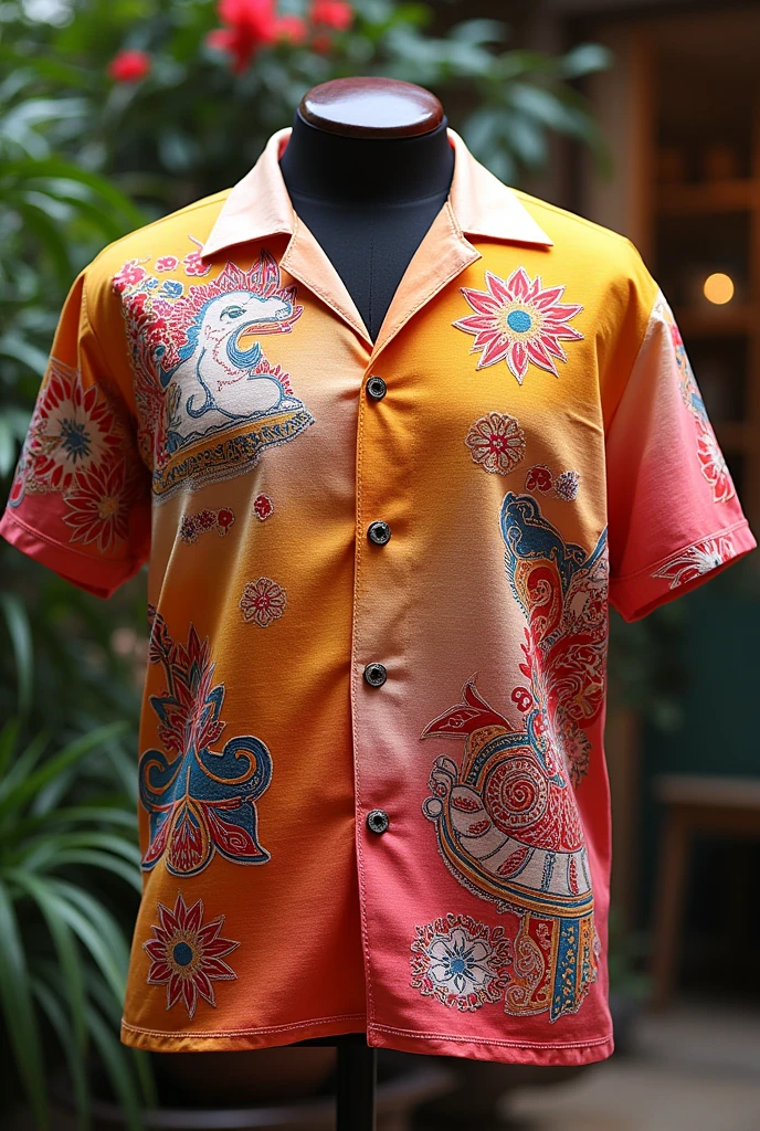 Shirt containing cultures and arts of the Philippines. The base color of the shirt is variation of Orange, white, and Pink