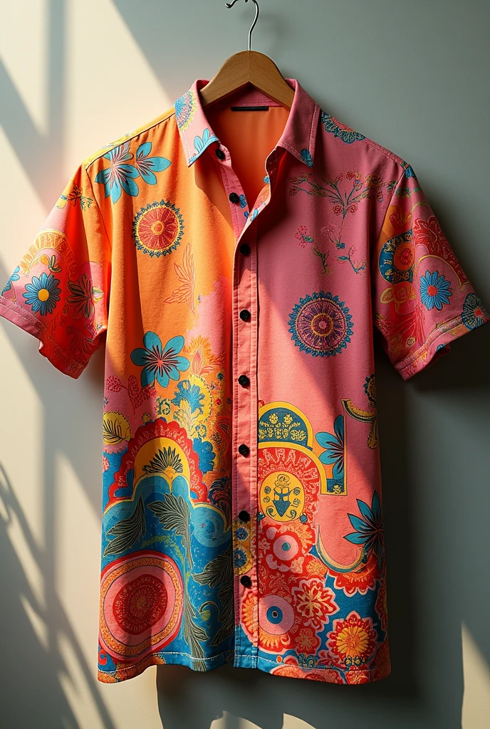 Shirt containing cultures and arts of the Philippines. The base color of the shirt is variation of Orange, white, and Pink