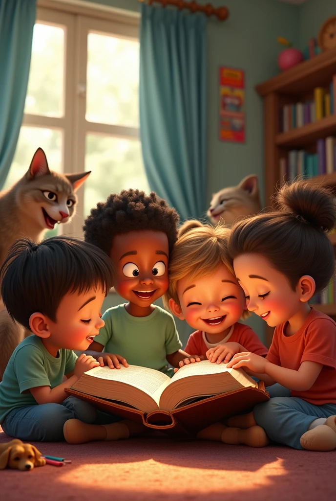 Children with Bible studying. happy. Pixar-style
