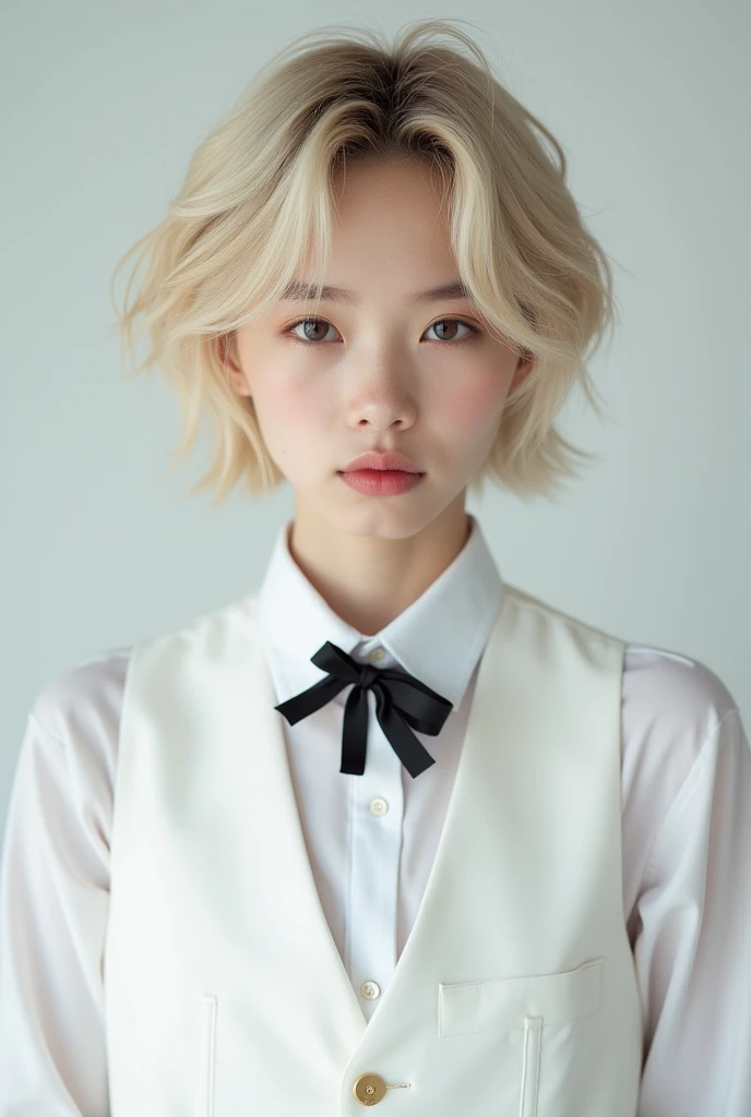 Professional studio image of a young femboy with delicate features and blonde hair covering his forehead, leaving his eyebrows showing a little.. Wearing a white long-sleeved shirt and a white dress vest with a black bow on top.