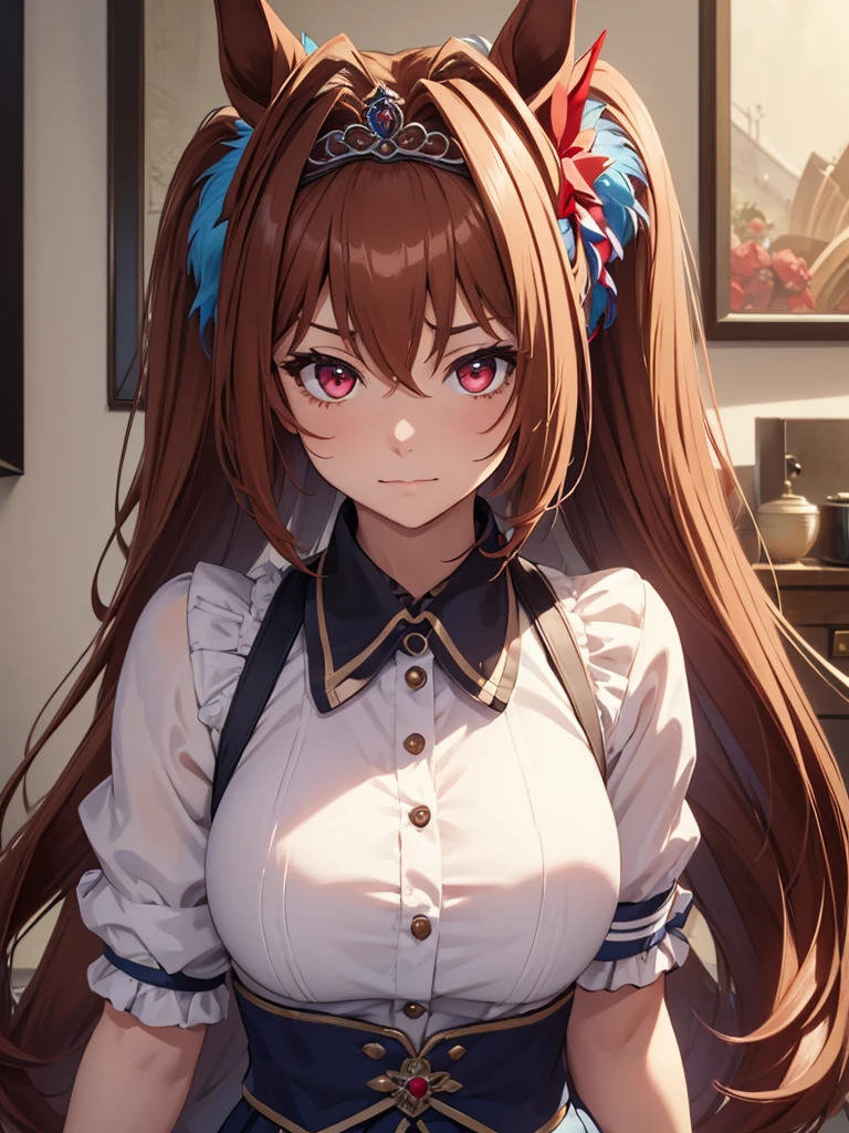 (​masterpiece、top-quality、hight resolution、Unity 8k、extremely details CG:1,Best Picture), daiwa scarlet(umamusume), animal ears, brown hair, horse girl, ((Tiara)), hair intake, red eyes, long hair, twintails, The sex worker greets the customer with a polite, professional smile. Her expression, voice, and actions are flawless, displaying perfect customer service. her eyes are lifeless, devoid of any vitality, revealing the inner strain she endures, hotel room, ((empty eyes))