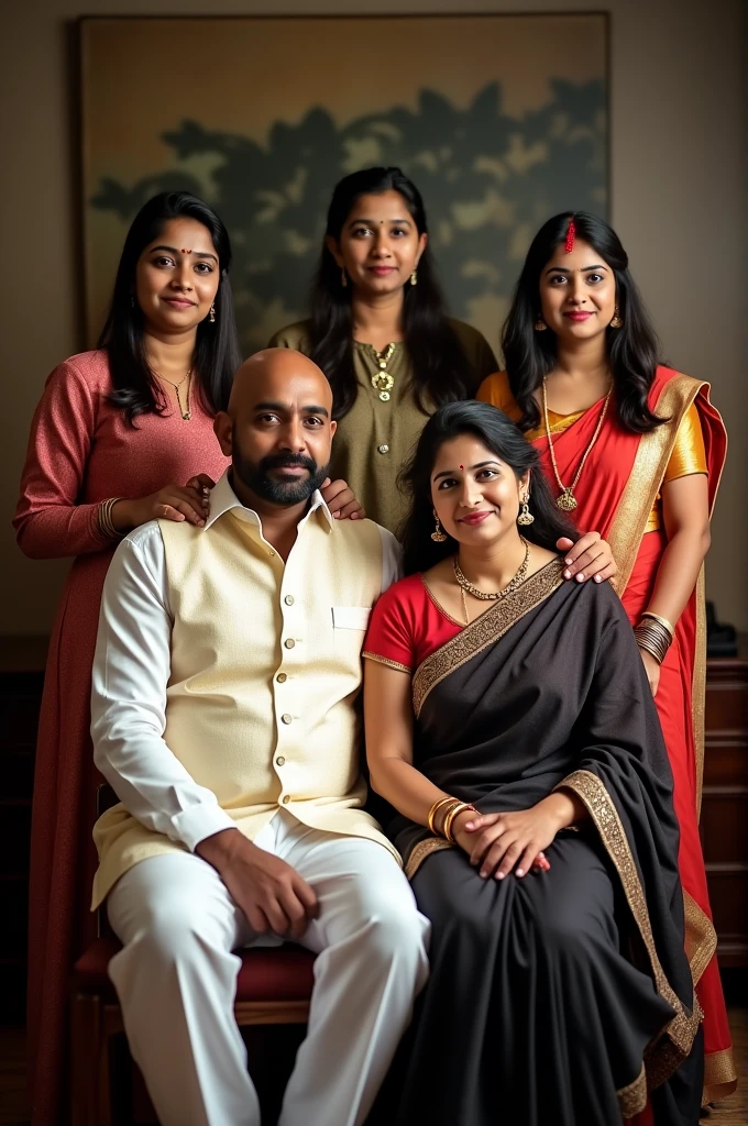 The man in the family portrait is elegantly dressed in a white shirt and vesti he is sitting in chair with his wife and his wife is wearing saree in dark colour and wearing bangles. In back side there 3 girl children which is age 23,27,20 respectively,are standing and wearing kurthi dress