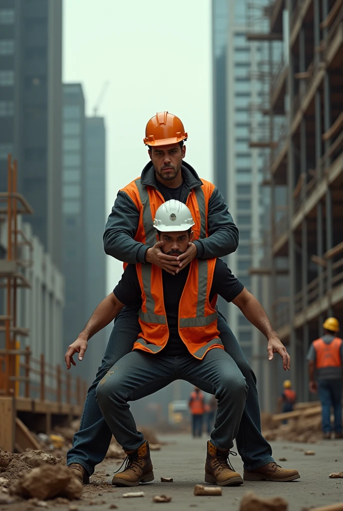 A person defending another person dressed as a construction worker