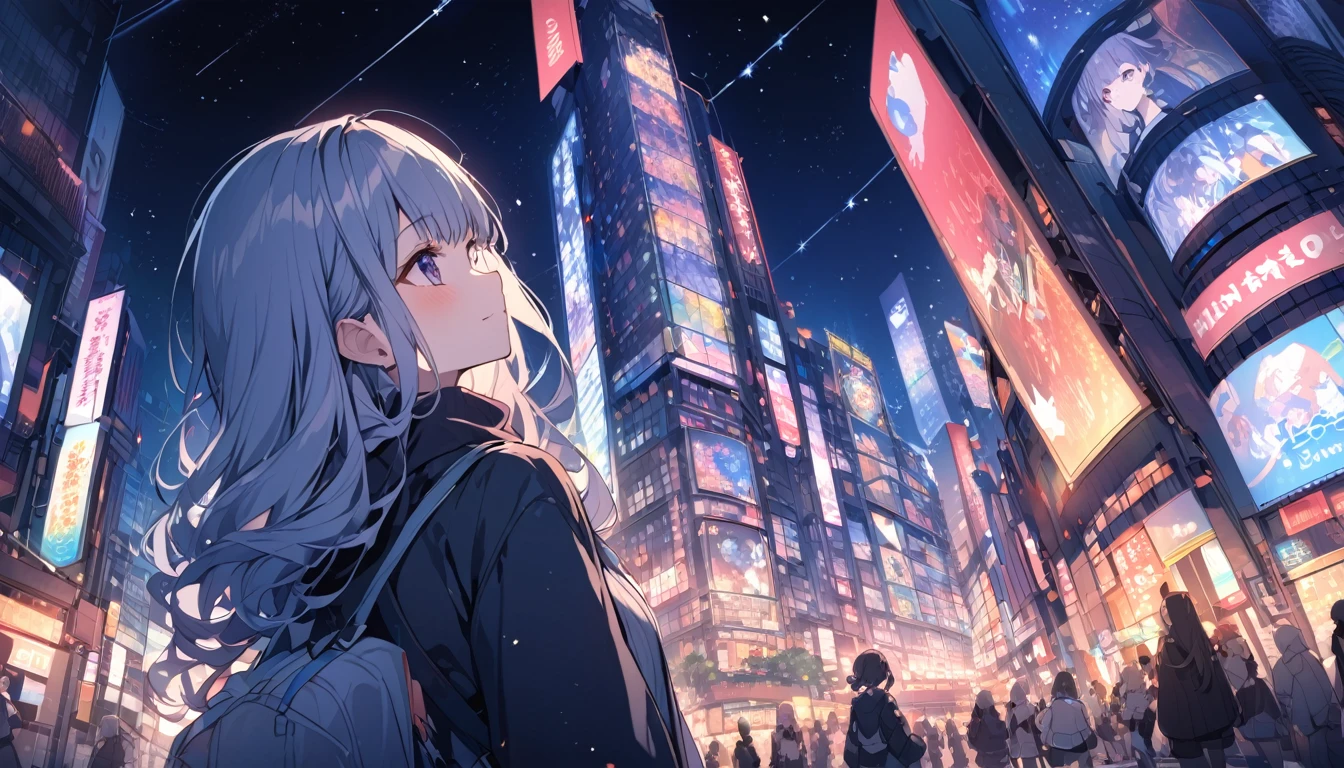 A woman looking at the city of Tokyo,Night starry sky,Streetscape、listen to music、Japanese