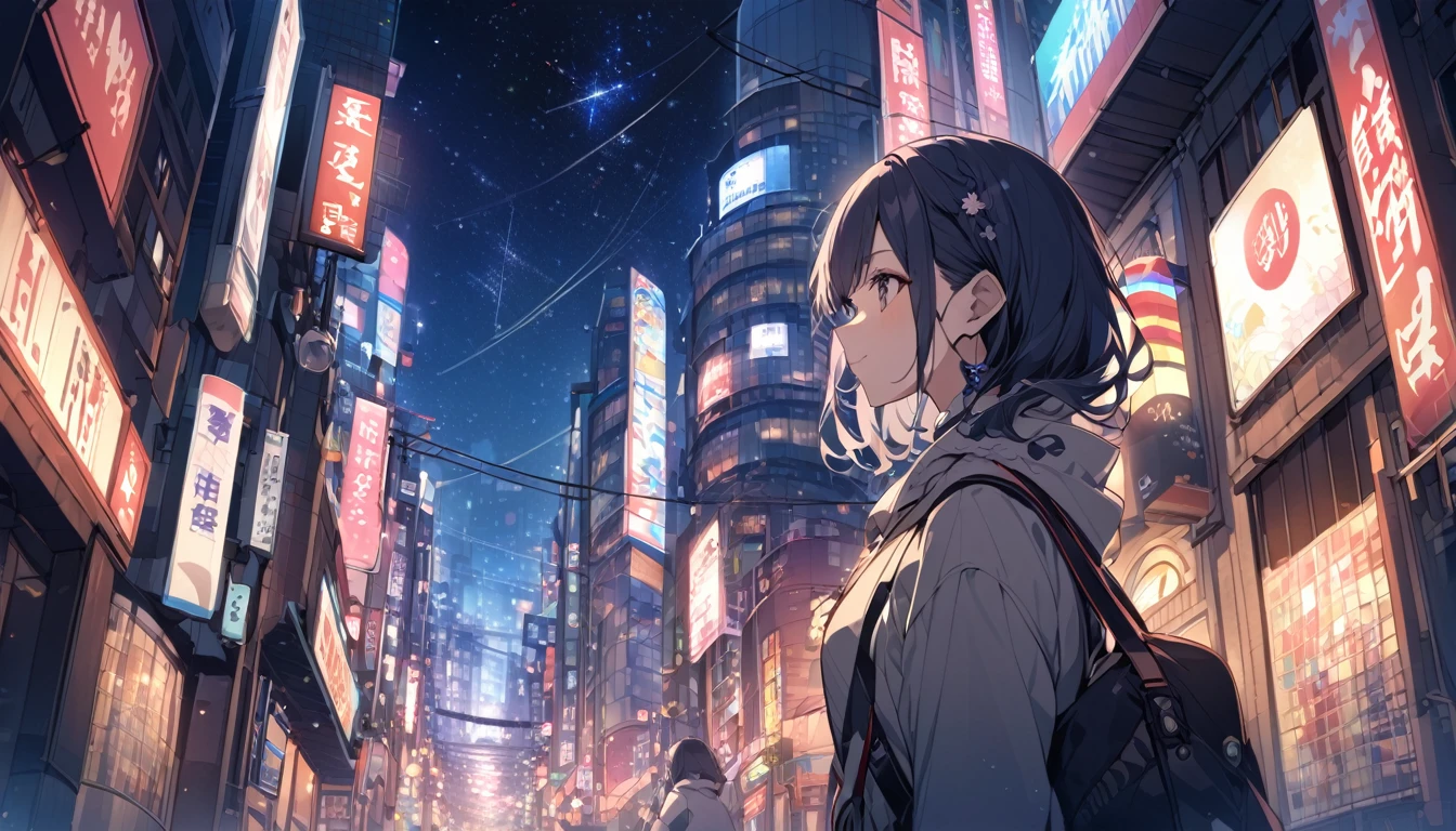 A woman looking at the city of Tokyo,Night starry sky,Streetscape、listen to music、Japanese