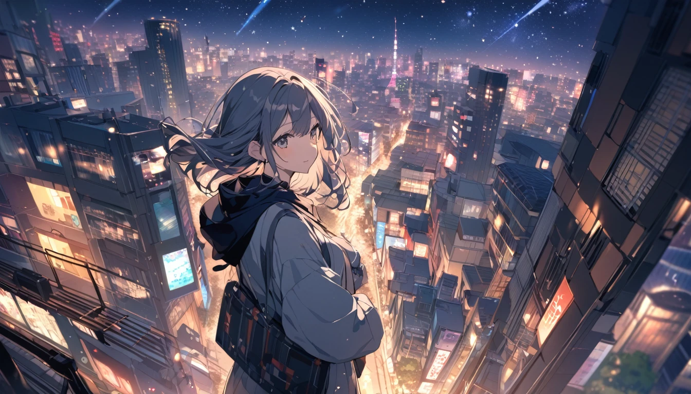 A woman looking at the city of Tokyo,Night starry sky,Streetscape、listen to music、Japanese