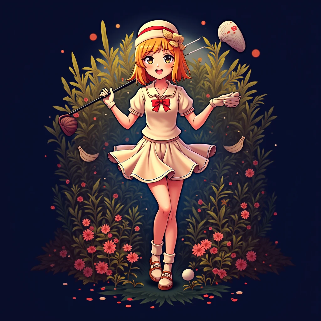 a young girl golfer, anime style, , cute, detailed facial features, beautiful eyes, long eyelashes, delicate nose, beautiful lips, smiling expression, holding a golf club, golf course background, lush greenery, blue sky with clouds, golden hour lighting, vibrant colors, cinematic composition, intricate details, masterpiece, high resolution, 8k, photorealistic
