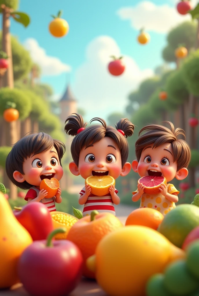 Animated children eating fruits
