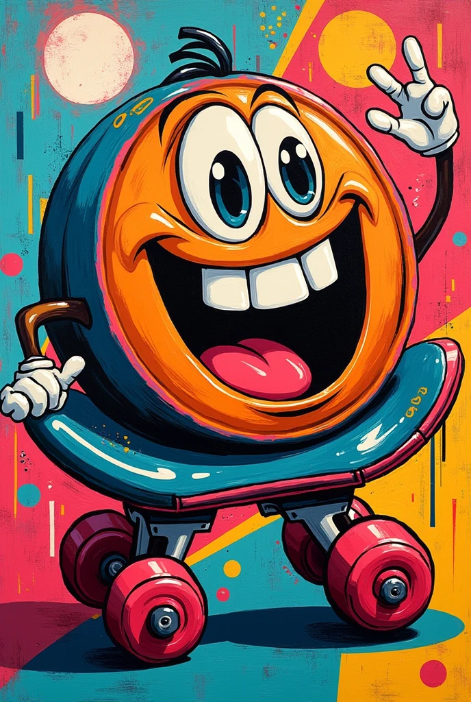 I want a pop art style painting with a personified skate wheel as the main character