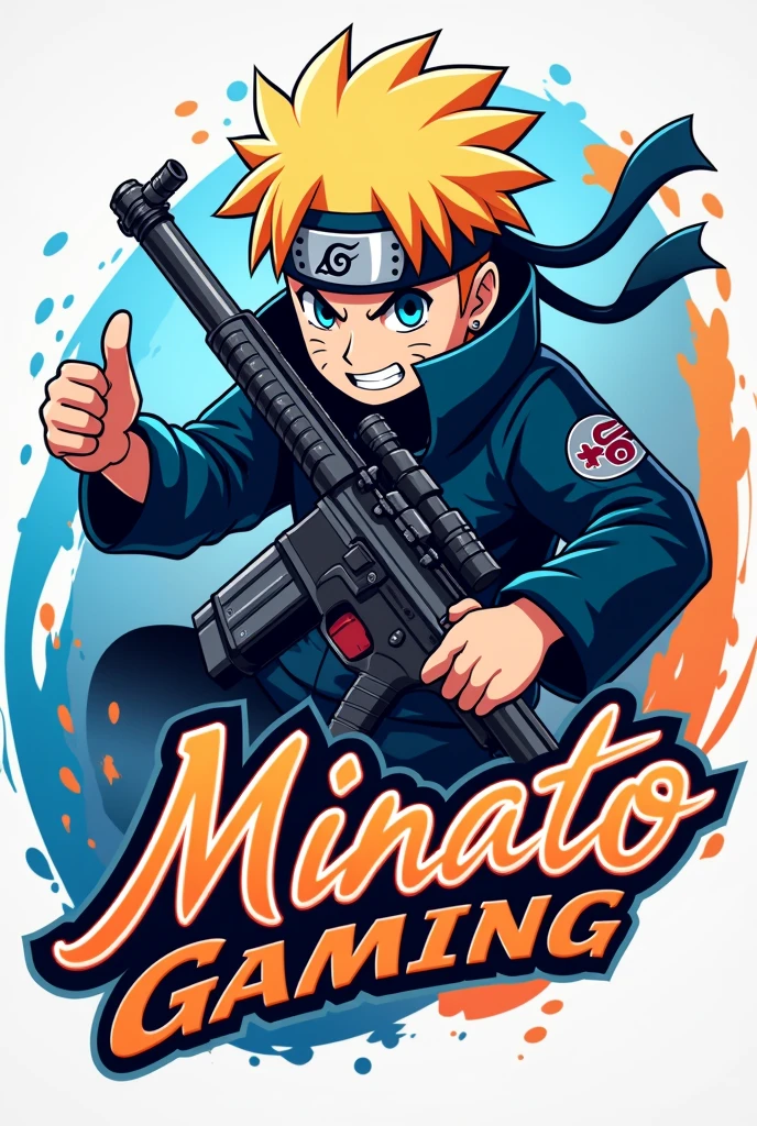 The logo features Minato Namikaze in a dynamic pose, holding an AWM sniper rifle and giving a thumbs up. The text "Minato Gaming" is written in a stylized, cursive font next to him, with a subtle ninja headband incorporated into the design. The color scheme is a mix of blue and orange, evoking a sense of energy and playfulness. background should have dynamic colors  with same fornt animated one
