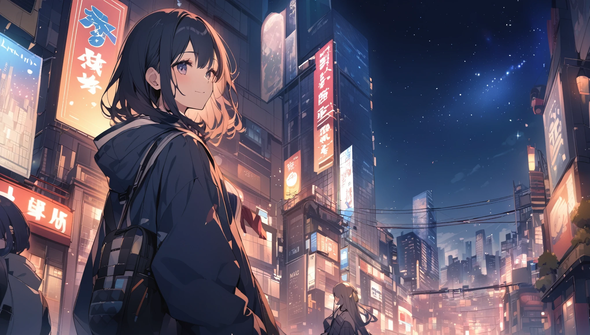A woman looking at the city of Tokyo,Night starry sky,Streetscape、listen to music、Japanese