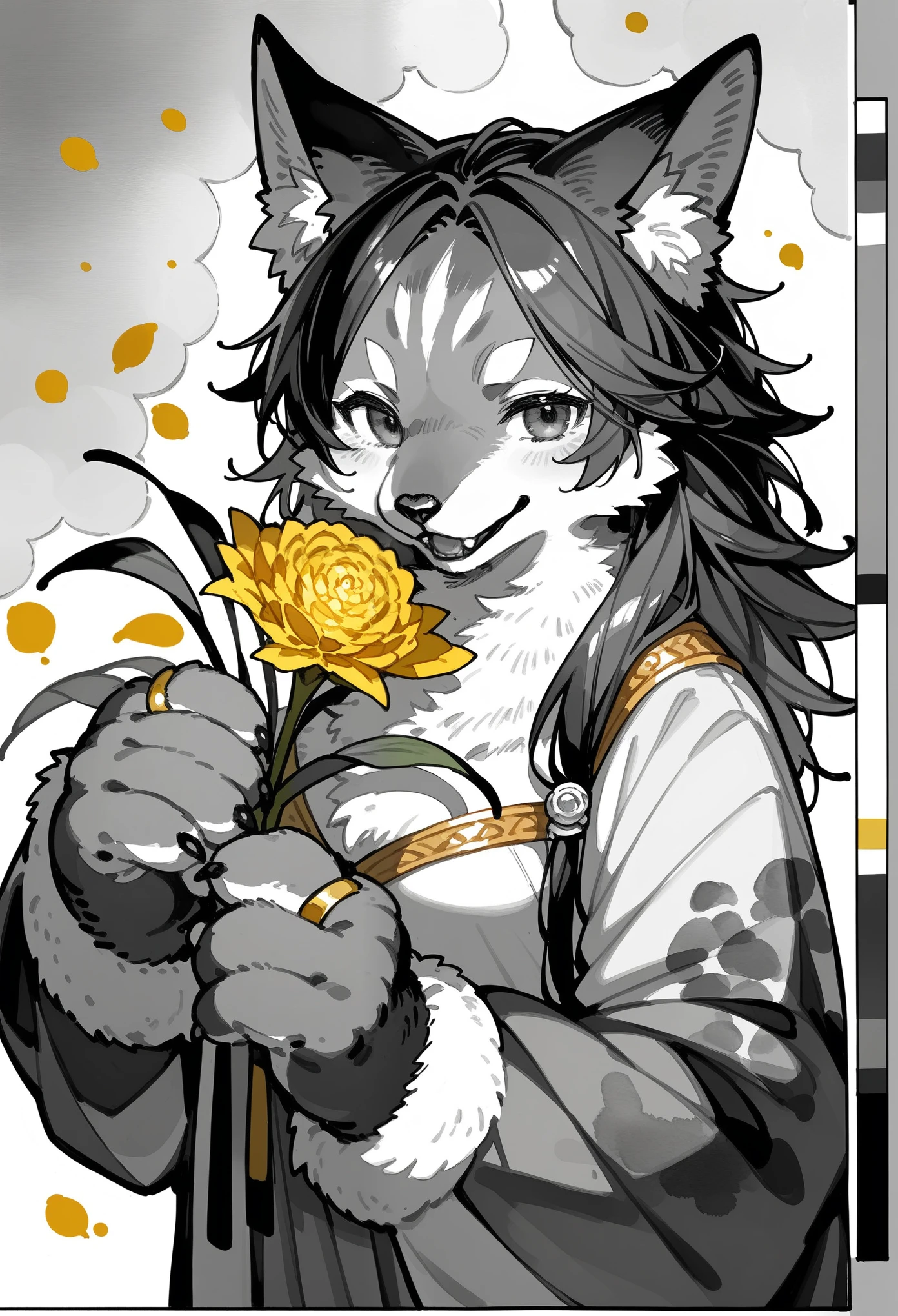 rating_safe, score_9, score_8_up, score_7_up, score_6_up, score_5_up, score_4_up, hires, source_furry, cover_page(furry art, uploaded on e621)monochrome, watercolor, 1girl, kemono, furry, detailed body fur, animal face, animal hand, Archaic Smile, holding a cluster of gold flower in both hands, which are positioned at chest level, She is wearing a simple ring on the ring finger of her left hand, unfocused spread of gold flower, fan-created work shared on platforms Pixiv or , Watercolor elements that seem to shift through time,