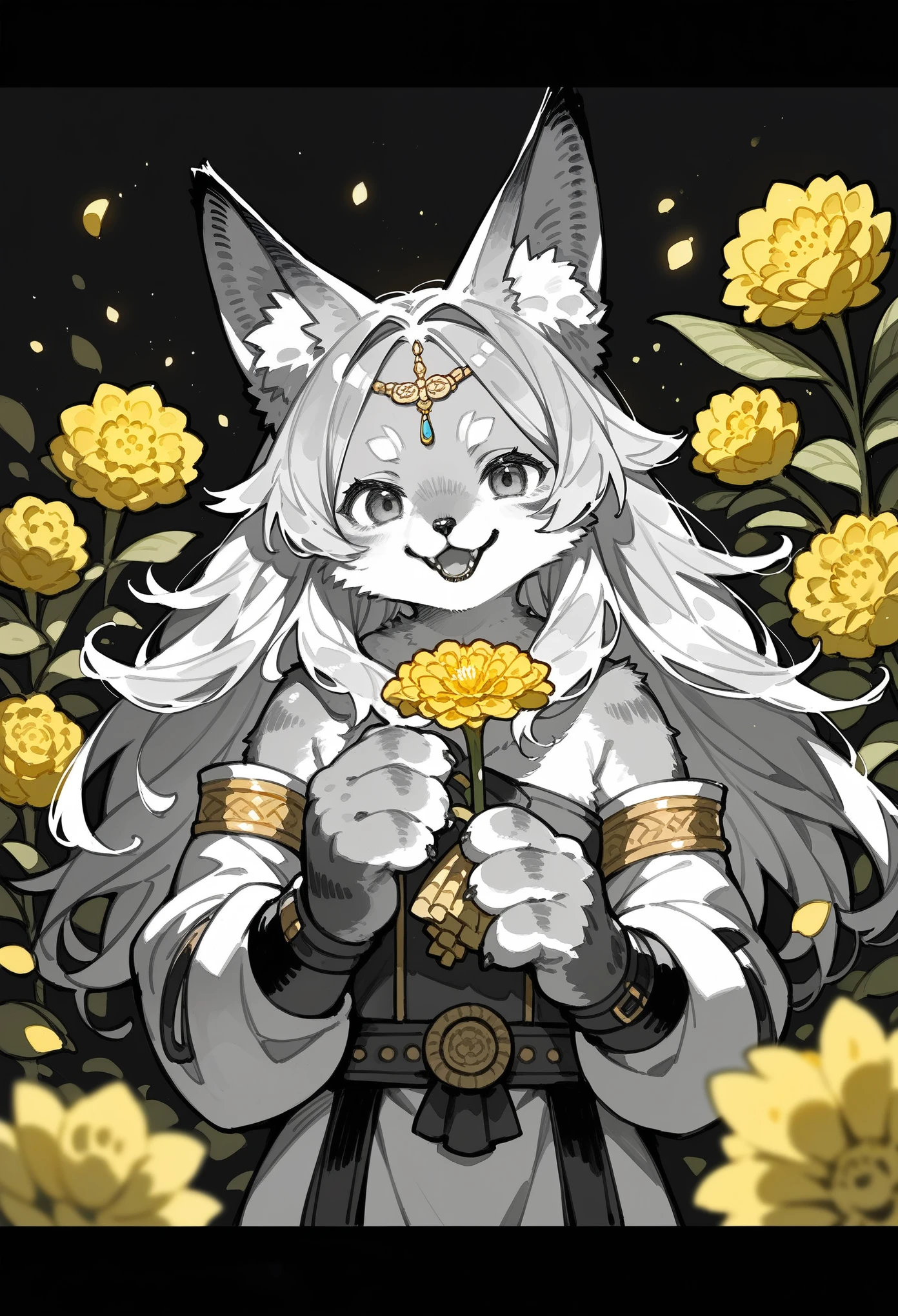 rating_safe, score_9, score_8_up, score_7_up, score_6_up, score_5_up, score_4_up, hires, source_furry, cover_page(furry art, uploaded on e621)monochrome, watercolor, 1girl, kemono, furry, detailed body fur, animal face, animal hand, Archaic Smile, holding a cluster of gold flower in both hands, which are positioned at chest level, She is wearing a simple ring on the ring finger of her left hand, unfocused spread of gold flower, fan-created work shared on platforms Pixiv or , Watercolor elements that seem to shift through time,