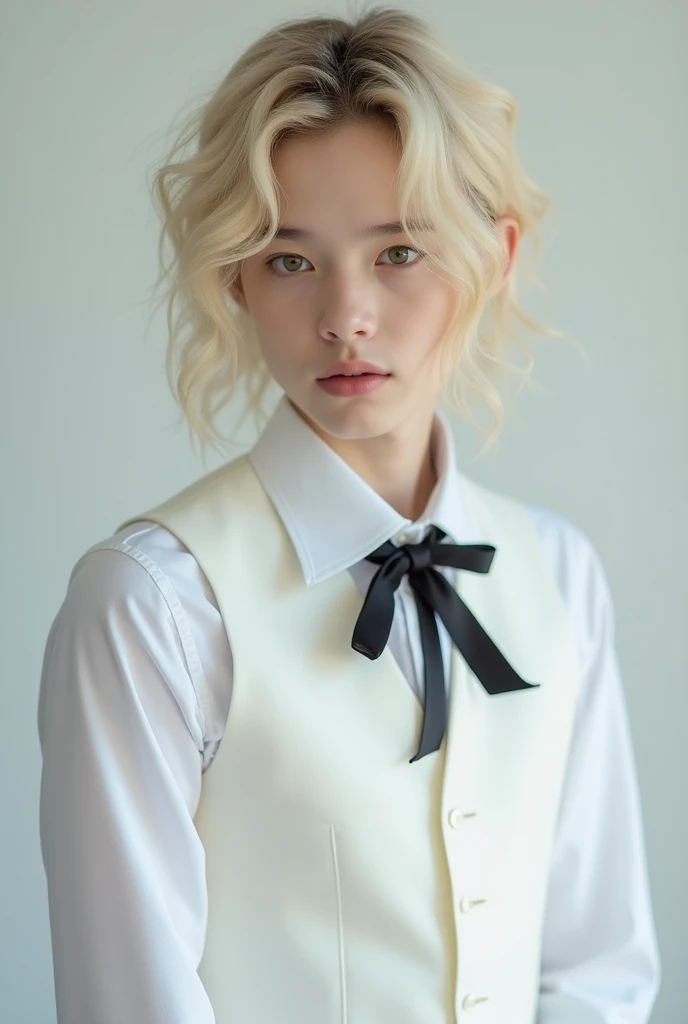 Professional studio image of a young femboy with delicate features and blonde hair covering his forehead, leaving his eyebrows showing a little.. Wearing a white long-sleeved shirt and a white dress vest with a black bow on top.