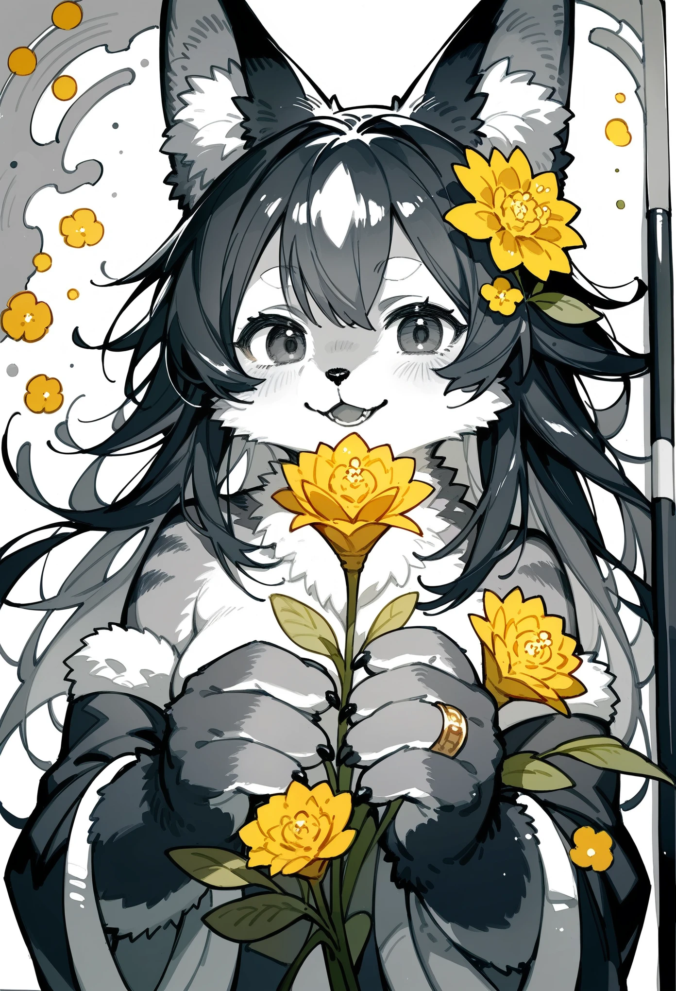 monochrome, watercolor, highres, top quality, best quality, paid reward available, High-quality illustrations, unparalleled masterpiece, perfect artwork, absurdres, 1girl, kemono, furry, detailed body fur, animal face, animal hand, Archaic Smile, holding a cluster of  yellow flower in both hands, which are positioned at chest level, She is wearing a simple ring on the ring finger of her left hand, unfocused spread of yellow flower, fan-created work shared on platforms Pixiv or ,