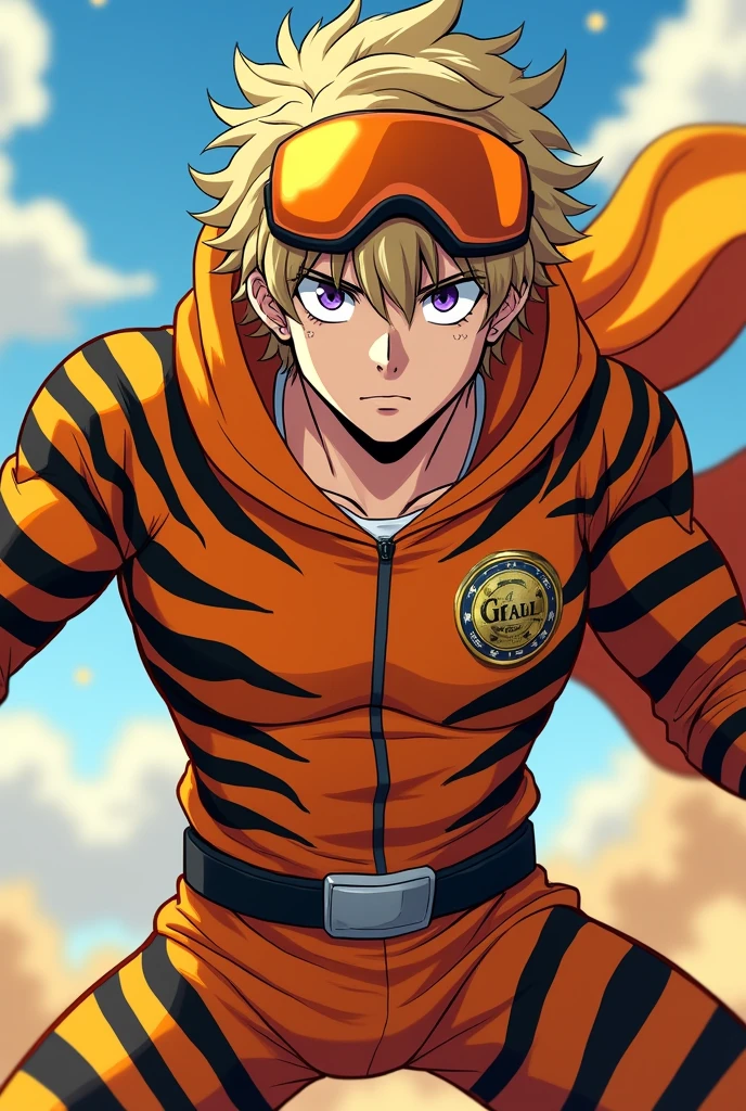 Draw in 2D anime style, A boy, that is husbando, that has ash blonde hair, that has violet eyes, has headphones, dressed in comic book hero clothes with a tiger look, Boku no Hero Academia hero costume, that his orange suit has black stripes, that looks like a dynamic pose, Let it be a heroic pose, have a confident smile, that has a hero helmet with an orange visor, that has messy hair, that has short hair, Make it look more manly, adult, serious