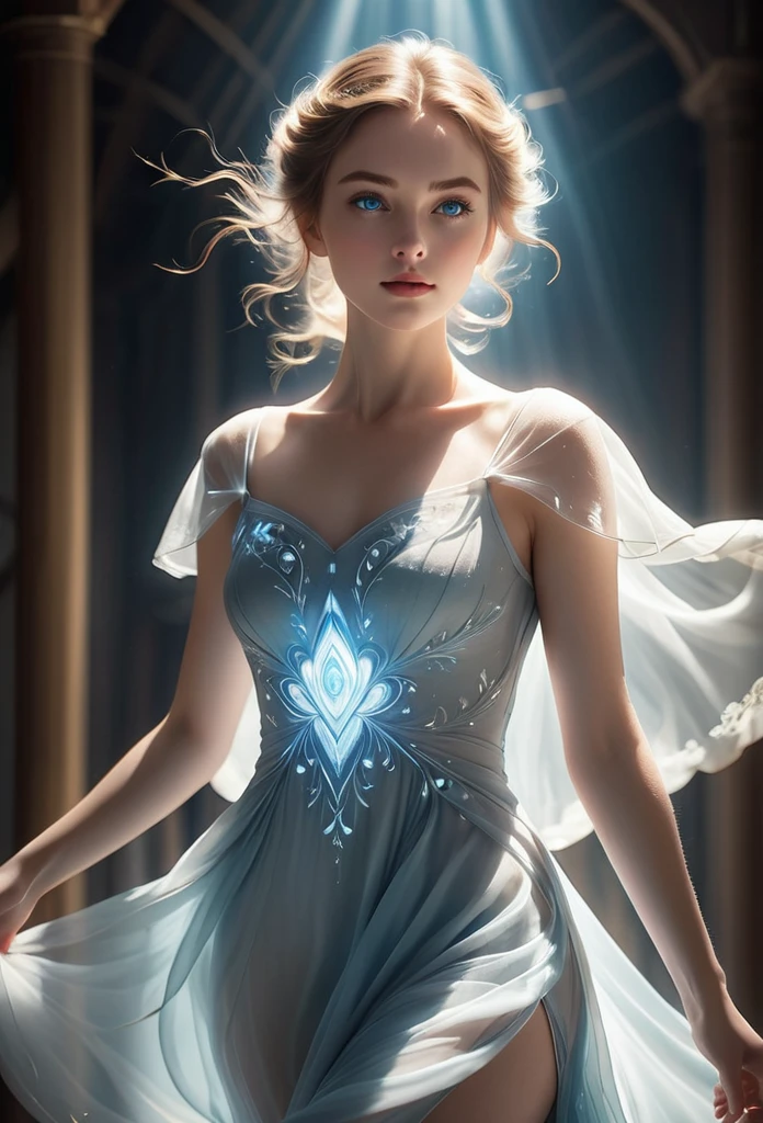 dynamic angle, masterpiece, best quality, (Pale skin and blue eyes, A woman with a perfect face, A transparent body made of light), (garb_A vortex of light, flowing short dress, Simple light embroidery), Natural lighting, Mysterious white light blended together, A dreamy expression as if dreaming, Camera angle capturing the upper body above the hips, clear resolution, Cinematic lighting, Clear picture quality, best illustration, Bright Themes, soft lighting, animated movie,