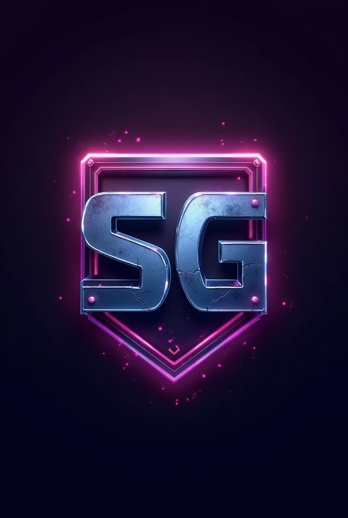 Create a gaming logo 'SG' with neon colours, Straight and small letters , Metalic , cool square shield small then letters