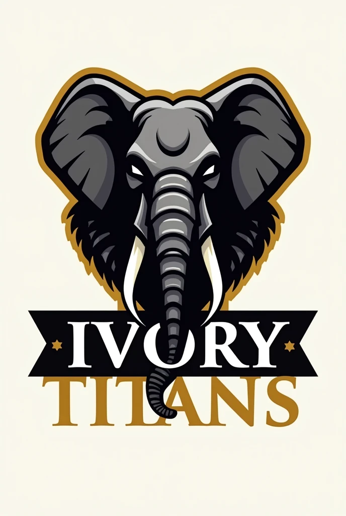 Create a photo of the logos for a sports team named ivory titans with a black gold and white color scheme with ivory titans written below it with an elephant head in it