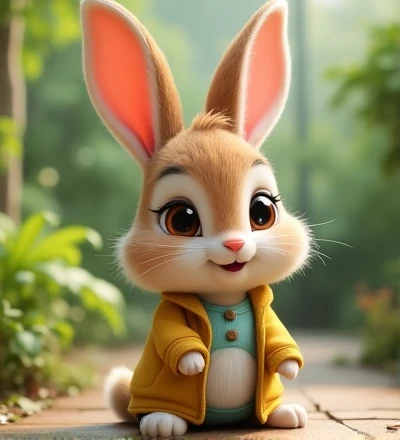 Imagine a lifelike little rabbit with humorously exaggerated features, oversized, dressed in cute clothes, bright eyes and curiosity, smiling. The puppy; Front view, smiling bunny, Disney style, capturing natural textures, although its small paws are slightly larger, they are even cuter. The background is a simple garden, with a focus on natural colors and some green plants, creating
