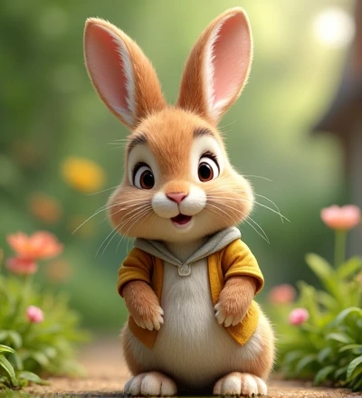 Imagine a lifelike little rabbit with humorously exaggerated features, oversized, dressed in cute clothes, bright eyes and curiosity, smiling. The puppy; Front view, smiling bunny, Disney style, capturing natural textures, although its small paws are slightly larger, they are even cuter. The background is a simple garden, with a focus on natural colors and some green plants, creating
