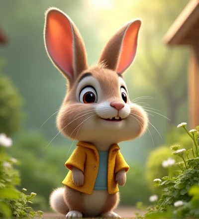 Imagine a lifelike little rabbit with humorously exaggerated features, oversized, dressed in cute clothes, bright eyes and curiosity, smiling. The puppy; Front view, smiling bunny, Disney style, capturing natural textures, although its small paws are slightly larger, they are even cuter. The background is a simple garden, with a focus on natural colors and some green plants, creating