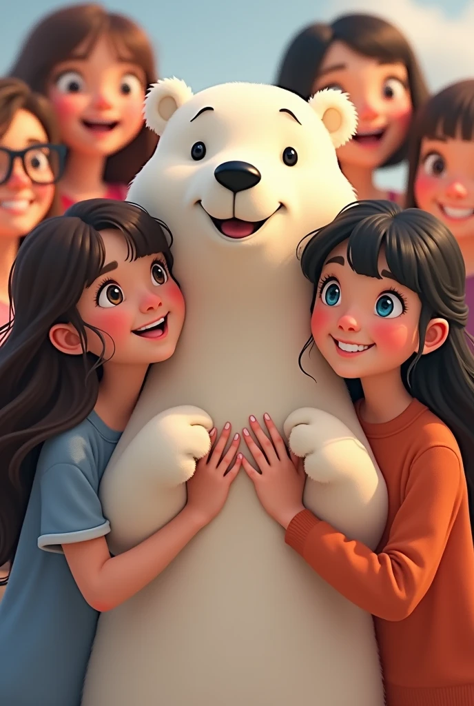 create pixar style image of a polar bear, a young woman with long dark brown hair and bangs, another young woman with short black hair and she has blue eyes and a Korean black hair and wears bangs, everyone is hugging the polar bear, smiling and waving goodbye with their hands, behind them there are some people, image of only their face