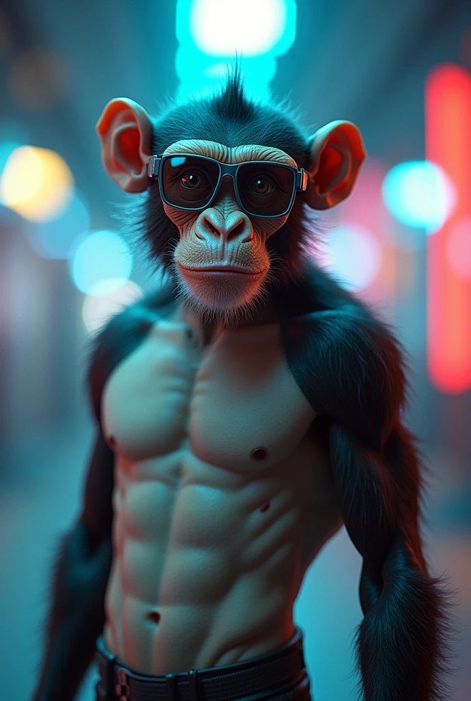 Human body with monkey face 
 with cooling glass 