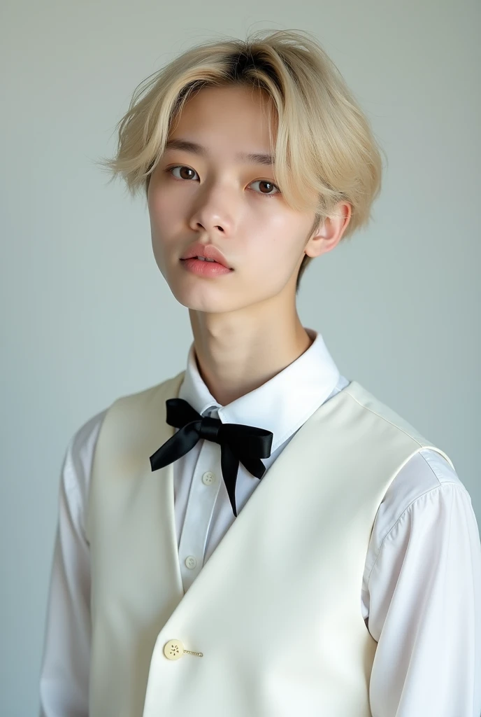 Professional studio image of a young femboy with delicate features and blonde hair covering his forehead, leaving his eyebrows showing a little.. Wearing a white long-sleeved shirt and a white dress vest with a black bow on top.