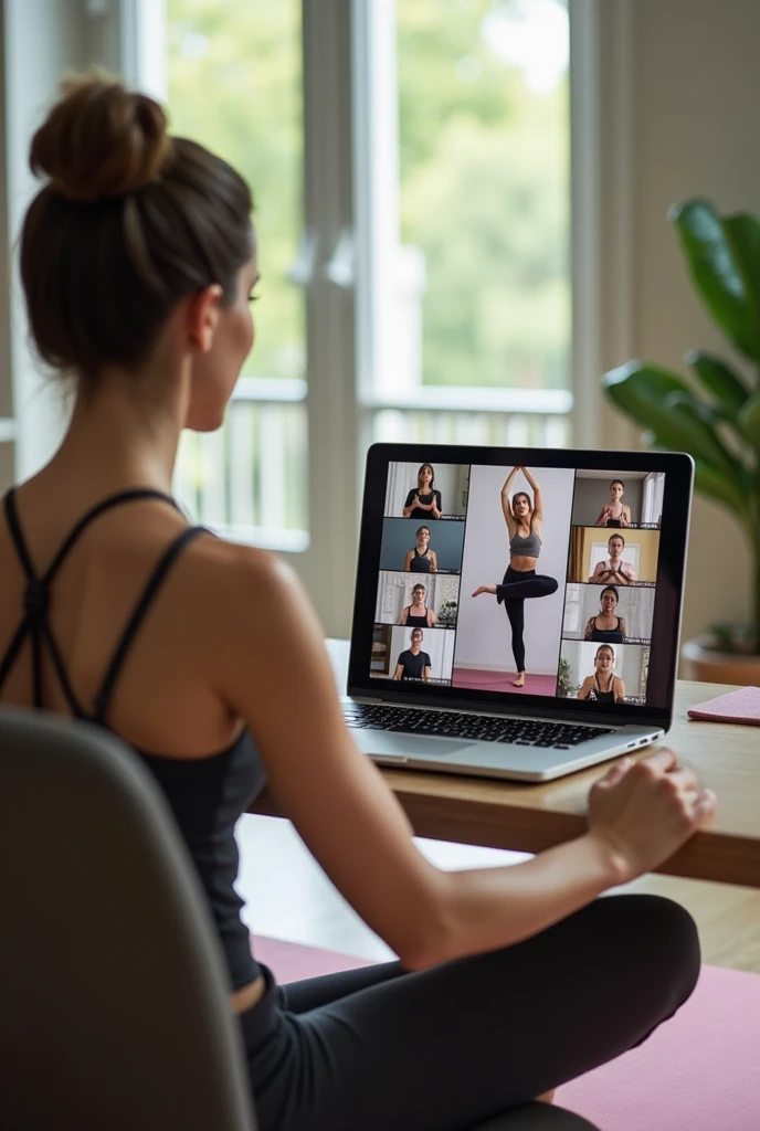 Group online yoga classes ,show teacher teaching adavance asana while sitting in front of laptop using Google meet to there students they all joined through their personal Google meet show multiple students in the laptop