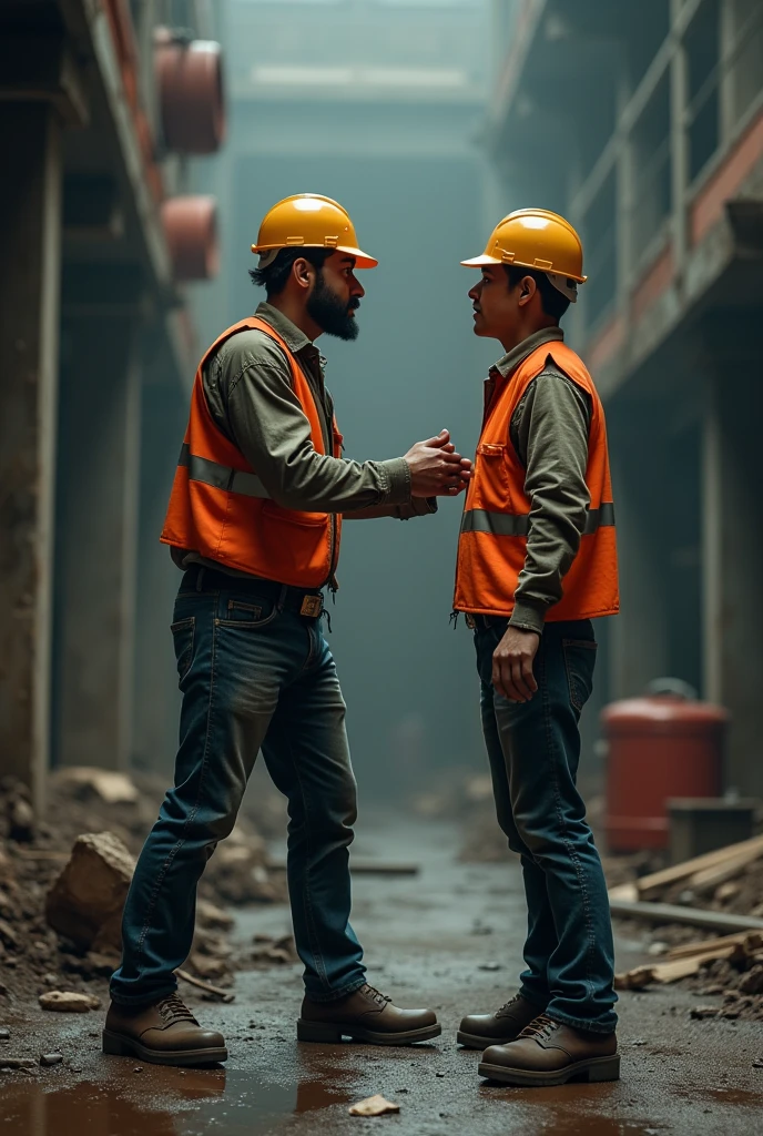 A person trying to defend another person dressed as a construction worker