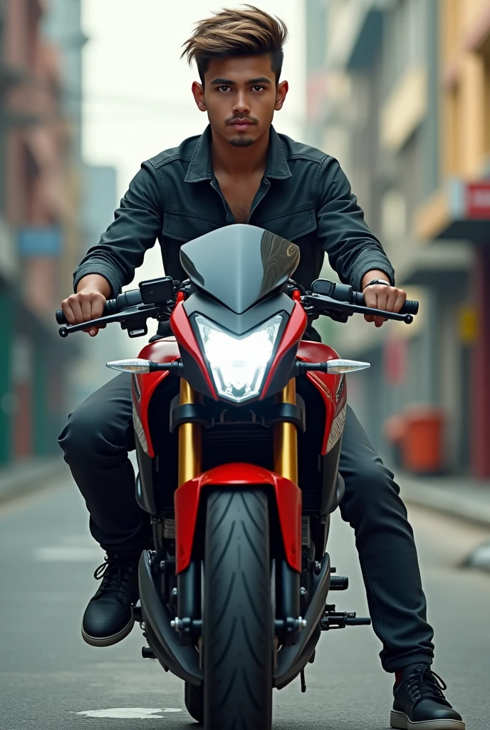 Teen age boy sit on the gularm250cc bike.He hair cut is brust fade cut and beard 