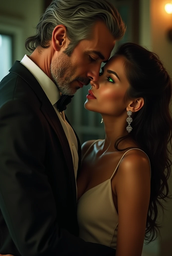 4, older handsome italian arabic man in a suit and only one 2 Moroccan girl with green eyes passionately kissing